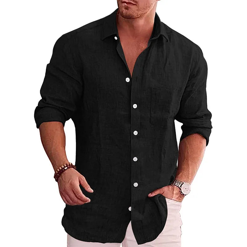 Chemise ample grande taille pour hommes, couleur unie, col en lin, manches longues, chemise décontractée
