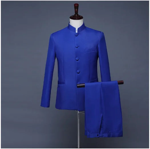 Blazer à col montant de style chinois pour hommes, couleur pure, affaires, formel, banquet de mariage, trempé, rouge, blanc, mâle, nouveau, fjj, 2 pièces