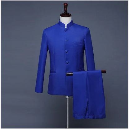 Blazer à col montant de style chinois pour hommes, couleur pure, affaires, formel, banquet de mariage, trempé, rouge, blanc, mâle, nouveau, fjj, 2 pièces