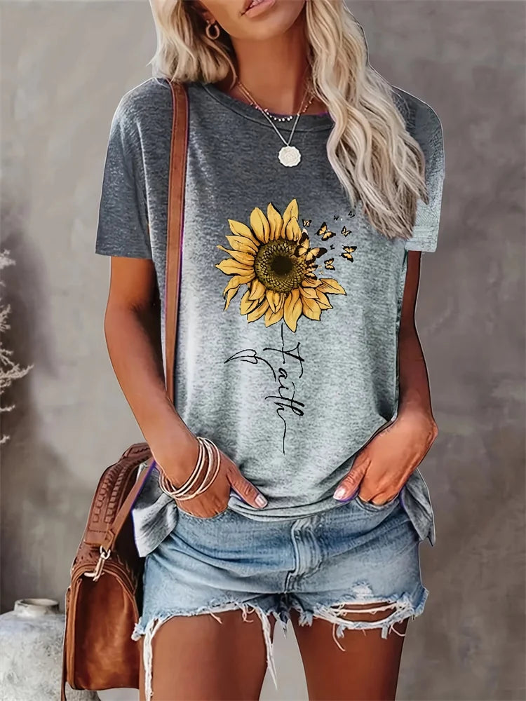 T-shirt col rond femme imprimé pissenlit mode de rue urbaine T-shirt ample femme quotidien décontracté élégant haut à manches courtes
