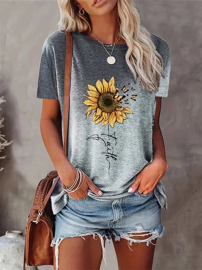 T-shirt col rond femme imprimé pissenlit mode de rue urbaine T-shirt ample femme quotidien décontracté élégant haut à manches courtes