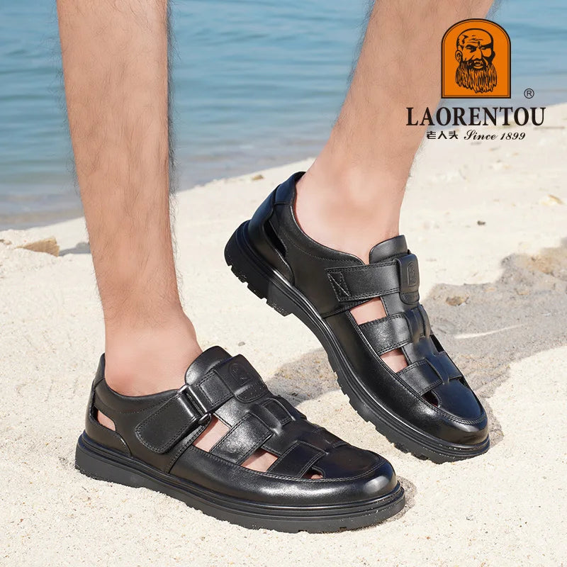 LAORENTOU-Sandales en cuir pour hommes, chaussures respirantes à trous creux, chaussures décontractées anti-ald et résistantes à l'usure