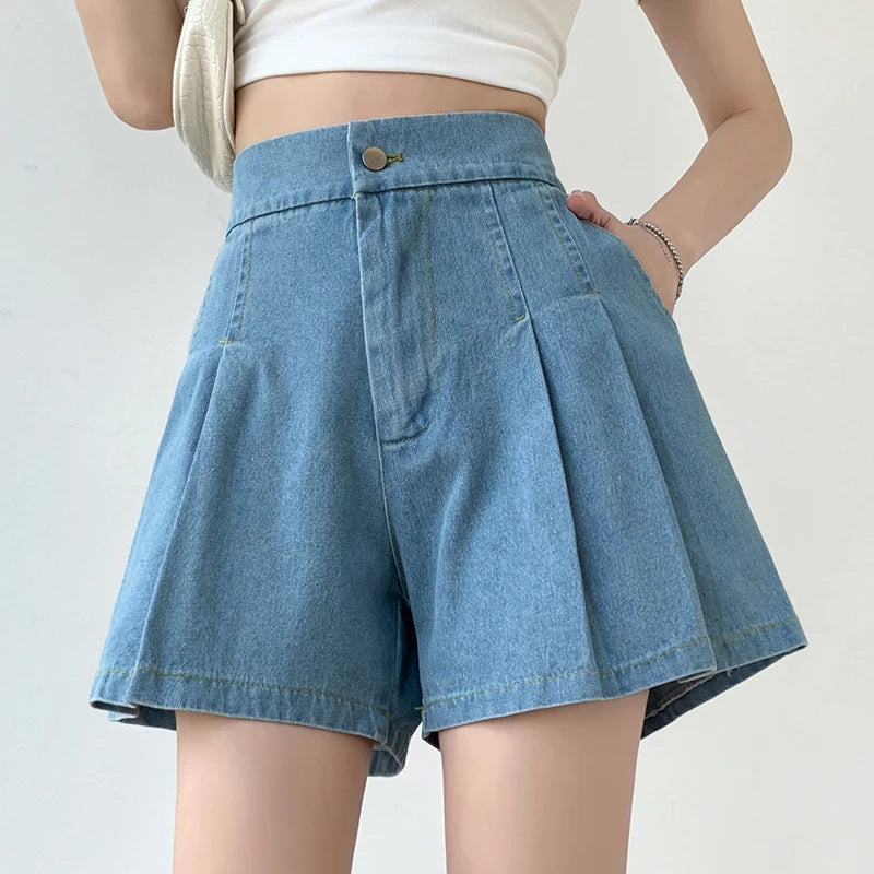 Short en Denim ample pour femmes, taille haute plissée, Mini court, ligne A, jambes larges, décontracté, été, 2025, Y2k