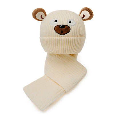 Ensemble chapeau et écharpe brodés ours pour enfants de 3 à 12 ans, mignon et polyvalent, adapté aux garçons et aux filles, automne et hiver, 2 pièces