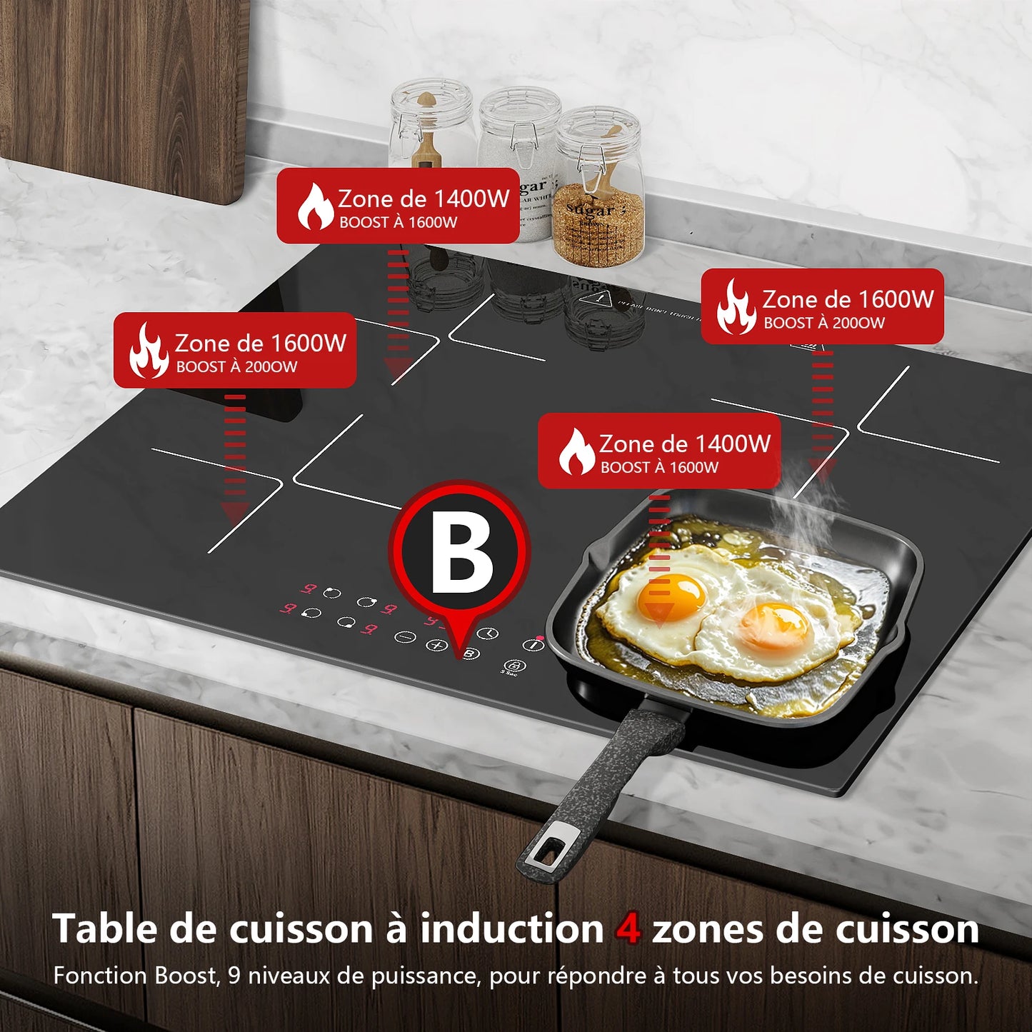 KICHPOWER-Table de cuisson à induction, 4 plaques, fonctionnement tactile, minuterie 1-99 min, 60 cm