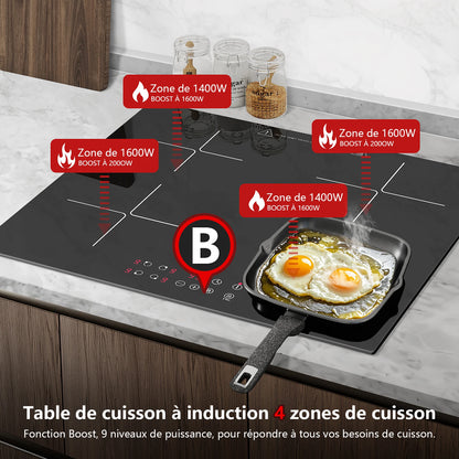 KICHPOWER-Table de cuisson à induction, 4 plaques, fonctionnement tactile, minuterie 1-99 min, 60 cm