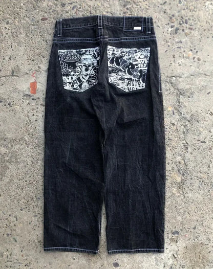 Jean en denim ample à jambes larges, style de rue, rétro, chaîne de bonbons imprimée neutre, nouveau couple, pantalon ample taille basse, printemps et été