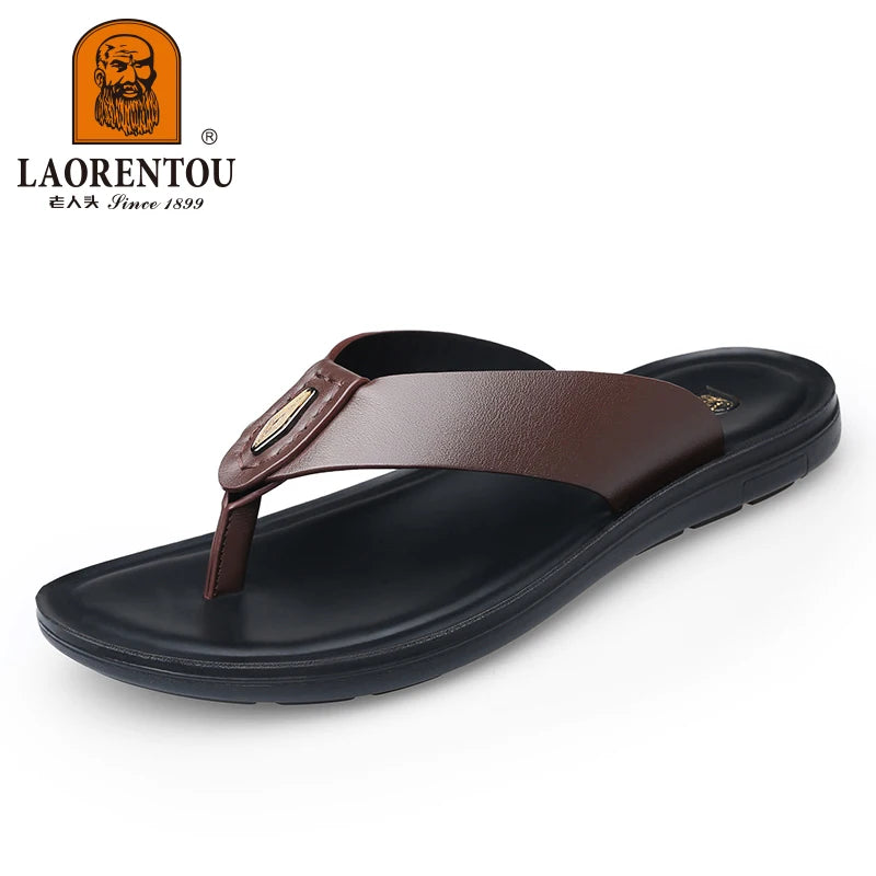 LAORENTOU-Pantoufles en cuir véritable pour hommes, tongs à clipser, sandales pour hommes, semelle souple en cuir de cercle, anti-ald, version coréenne