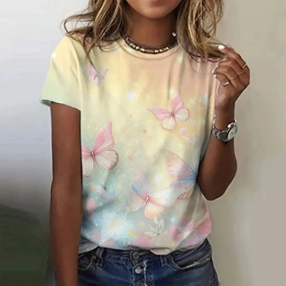 T-shirt manches courtes col rond femme, estival et surdimensionné, avec motif Floral et fleur papillon imprimé en 3D, Y2k, Harajuku, vêtements féminins, nouvelle collection
