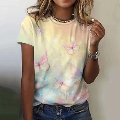T-shirt manches courtes col rond femme, estival et surdimensionné, avec motif Floral et fleur papillon imprimé en 3D, Y2k, Harajuku, vêtements féminins, nouvelle collection