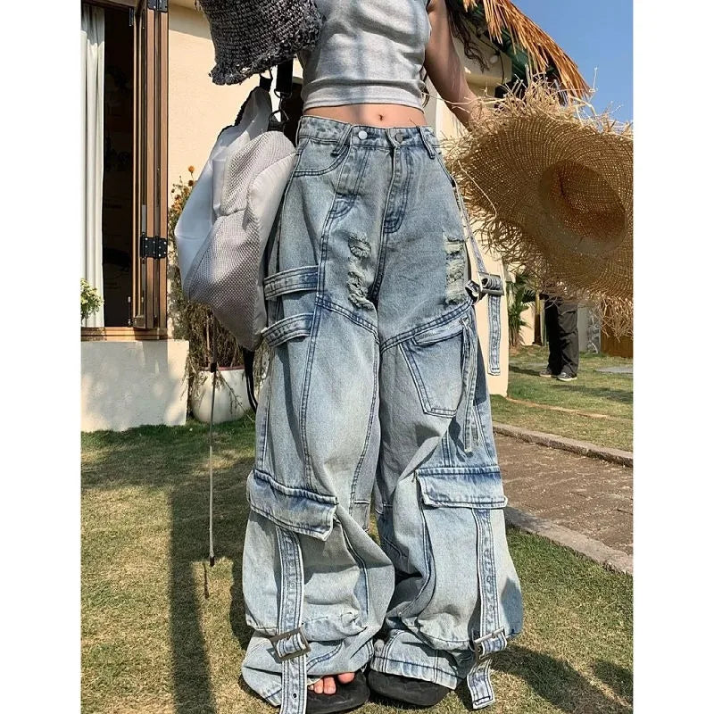 Tendances de la mode américaine Joker outillage poche Baggy jean femme rue Y2K nouveau Hip Hop surdimensionné pantalon à jambes larges unisexe jean