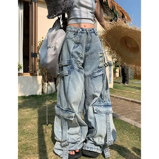 Tendances de la mode américaine Joker outillage poche Baggy jean femme rue Y2K nouveau Hip Hop surdimensionné pantalon à jambes larges unisexe jean