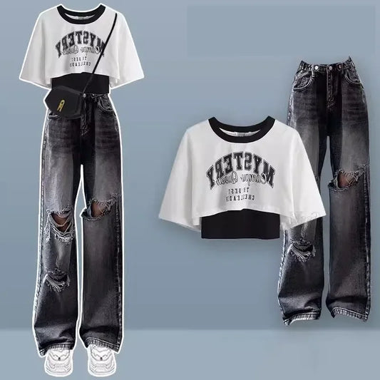 Ensemble assressentitrois pièces pour femme, pantalon en denim, t-shirt à manches courtes, jean troué, vêtements chauds, été, nouveau, 2025