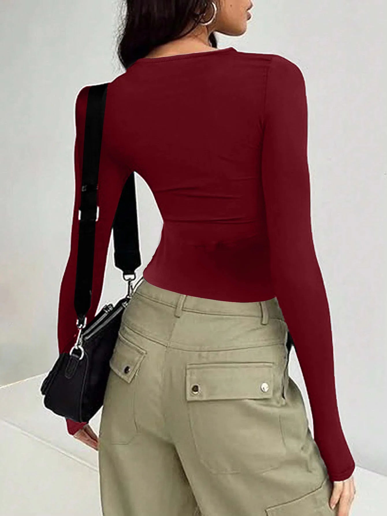 T-shirt à Manches sulfpour Femme, Vêtement Décontracté, Couleur Unie, Coupe Slim, Collection Automne