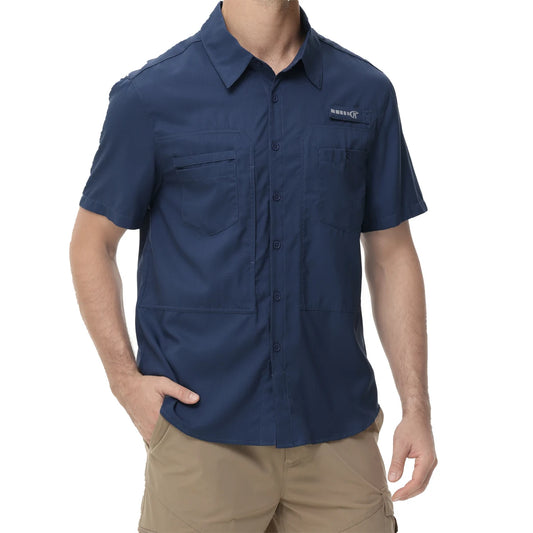 Chemises de pêche à manches courtes UPF 50+ pour hommes Protection solaire Chemise de travail de randonnée respirante Chemise boutonnée décontractée avec poche