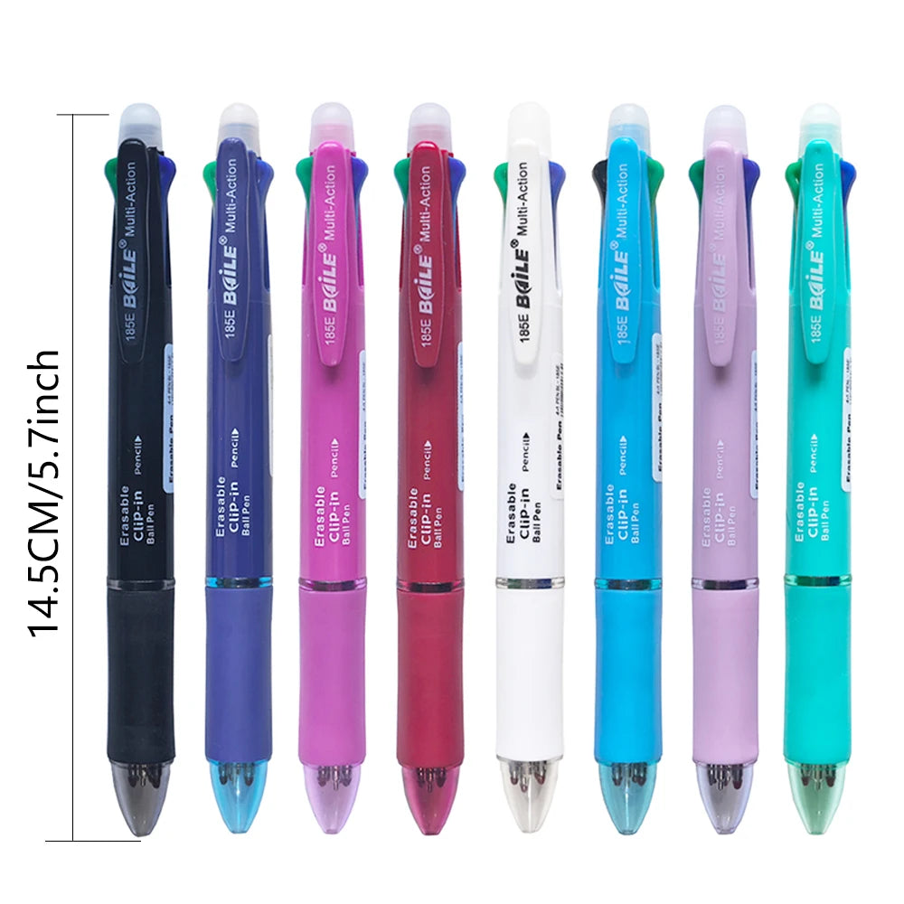 Stylo à bille multicolore effaçable 5 en 1, recharge 4 couleurs de 0.7mm et crayon automatique de 0.5mm,