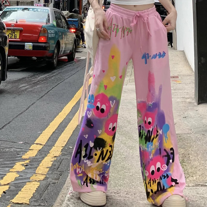 Pantalon décontracté Kawaii Dopamine Graffiti pour femme, taille haute élastique, poches Wstring, jambe large, été