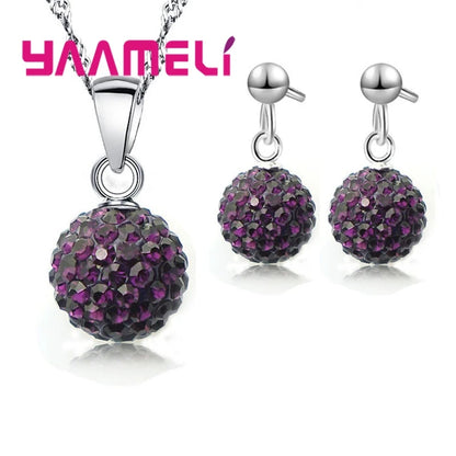 Ensembles de bijoux en argent regardé 925 pour femmes et filles, cadeaux de mariage, cristal autrichien pavé, collier boule CZ Chang, boucles d'oreilles créoles, patients