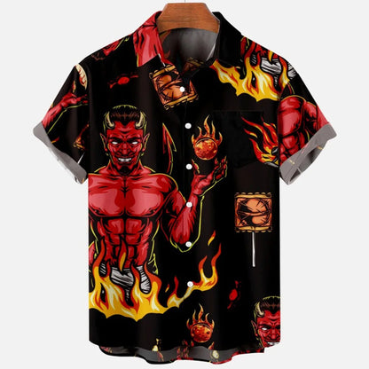 Chemise hawaïenne à manches courtes pour hommes, vêtements amples et respirants, imprimé diable horreur en 3d, été, 2024