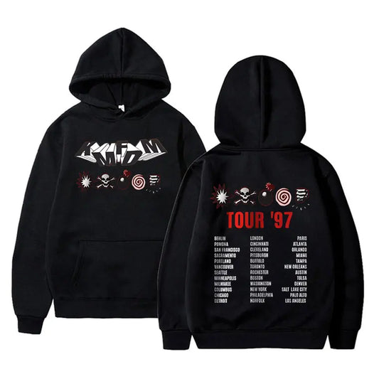 Kmfdm Tour 97 Graphic Hoodie pour hommes et femmes, Rock Band Vintage Gothic Punk Pullover Hoodies, Unsiex Casual Smile Cotton Sweatshirt