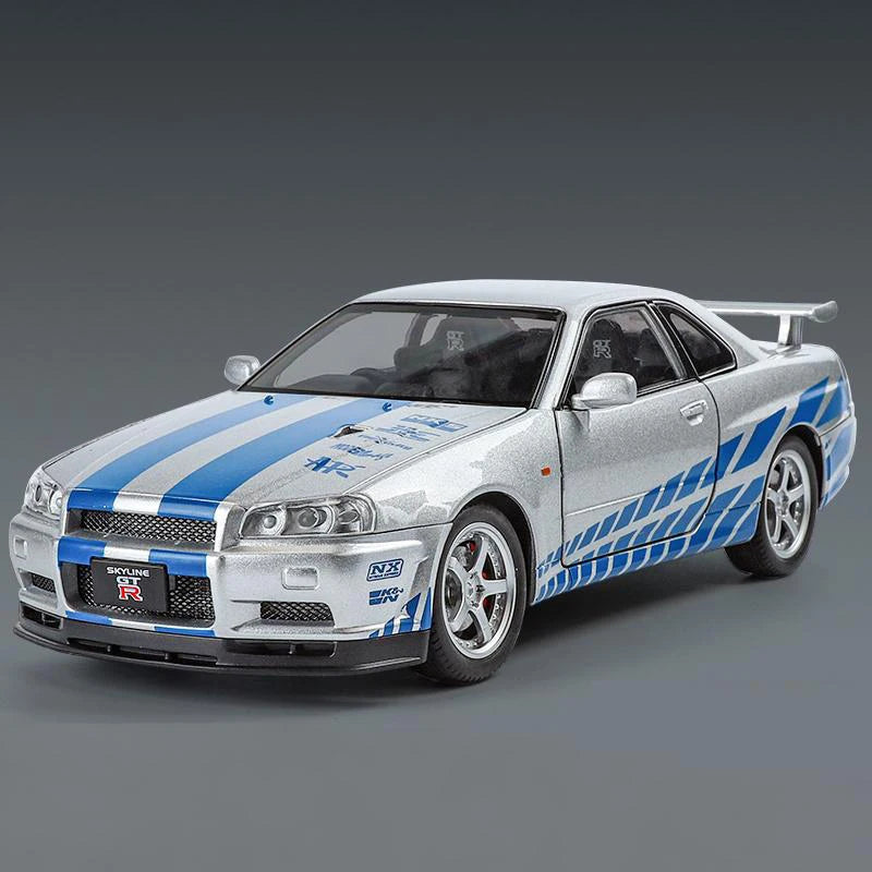 1:24 GTR R34 Skylin Diecast Modèle En Métal De Voiture Son Et Lumière Tirer Supercar Sport Racing Collection Loisirs Vacances Cadeau Garçon
