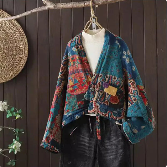 Manteau en coton imprimé de style  rétro pour femme, manches chauve-souris