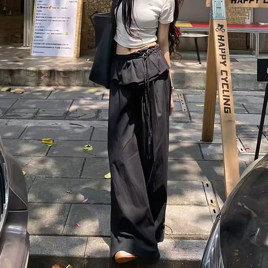 Pantalon noir à jambes larges pour femmes, Streetwear, mode Y2K, à volants, Patchwork, Baggy, été, Harajuku, coréen, pantalon droit décontracté