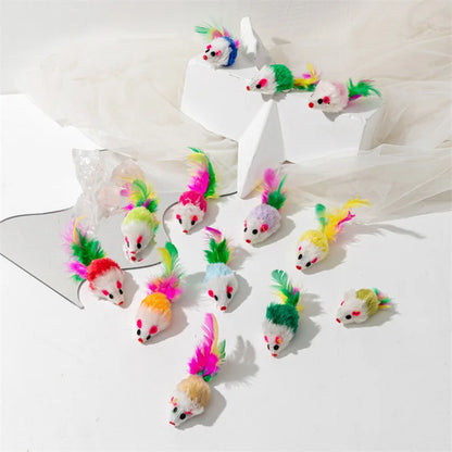 Fausse souris en fourrure de lapin, plume arc-en-ciel, jouets amusants pour chaton