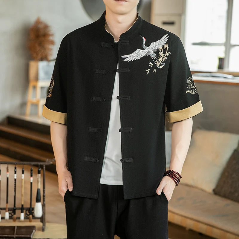Cardigan en lin à col montant brodé pour hommes, haut décontracté, manches courtes, style chinois, grue, chapelle Kungfu Tai, Tang imbibé, nouveau