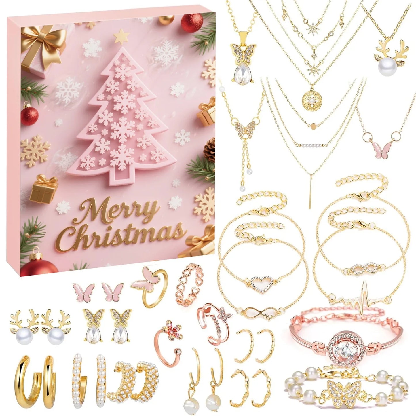 Calendrier de compte à rebours de noël 24 jours, calendrier de l'avent, collier, Bracelet, boucles d'oreilles, cadeaux de noël