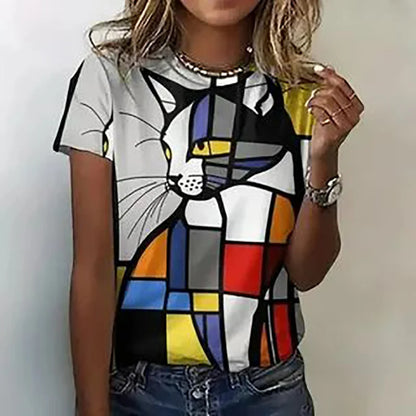 Dessin animé chat motif t-shirt pour femmes Vintage géométrique 3D imprimé manches courtes été loisirs t-shirt col rond hauts T-Shirts