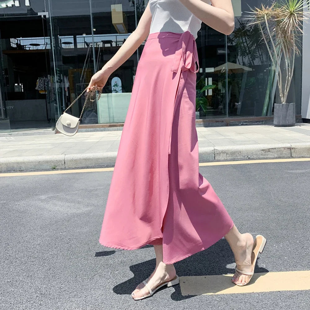Printemps été automne plage jupe femmes 9 couleurs taille haute côté cravate décontracté jupe portefeuille femme solide élégant Midi jupe vêtements