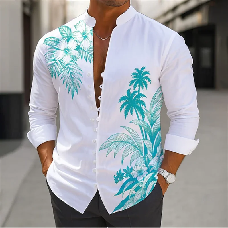 Chemise à manches longues pour hommes, transfrontalière d'été, imprimé bambou 3D, fleur, Vintage, col rabattable, manches longues, boutons
