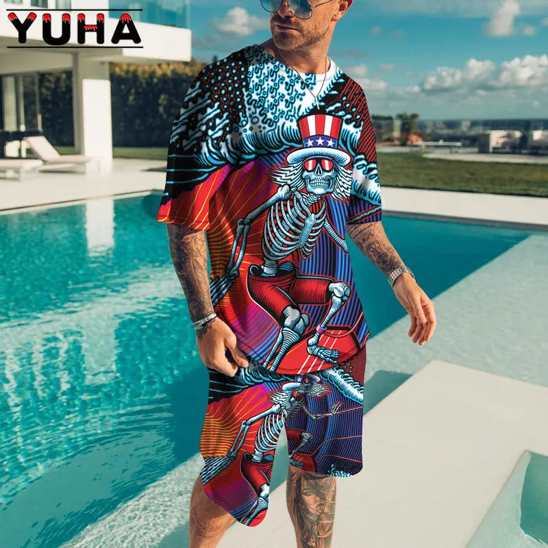 YUHA – ensemble t-shirt manches courtes pour hommes, vêtements d'été pour hommes, impression de squelette Terrible en 3D, Short décontracté, survêtement masculin 2 pièces, nouvelle collection