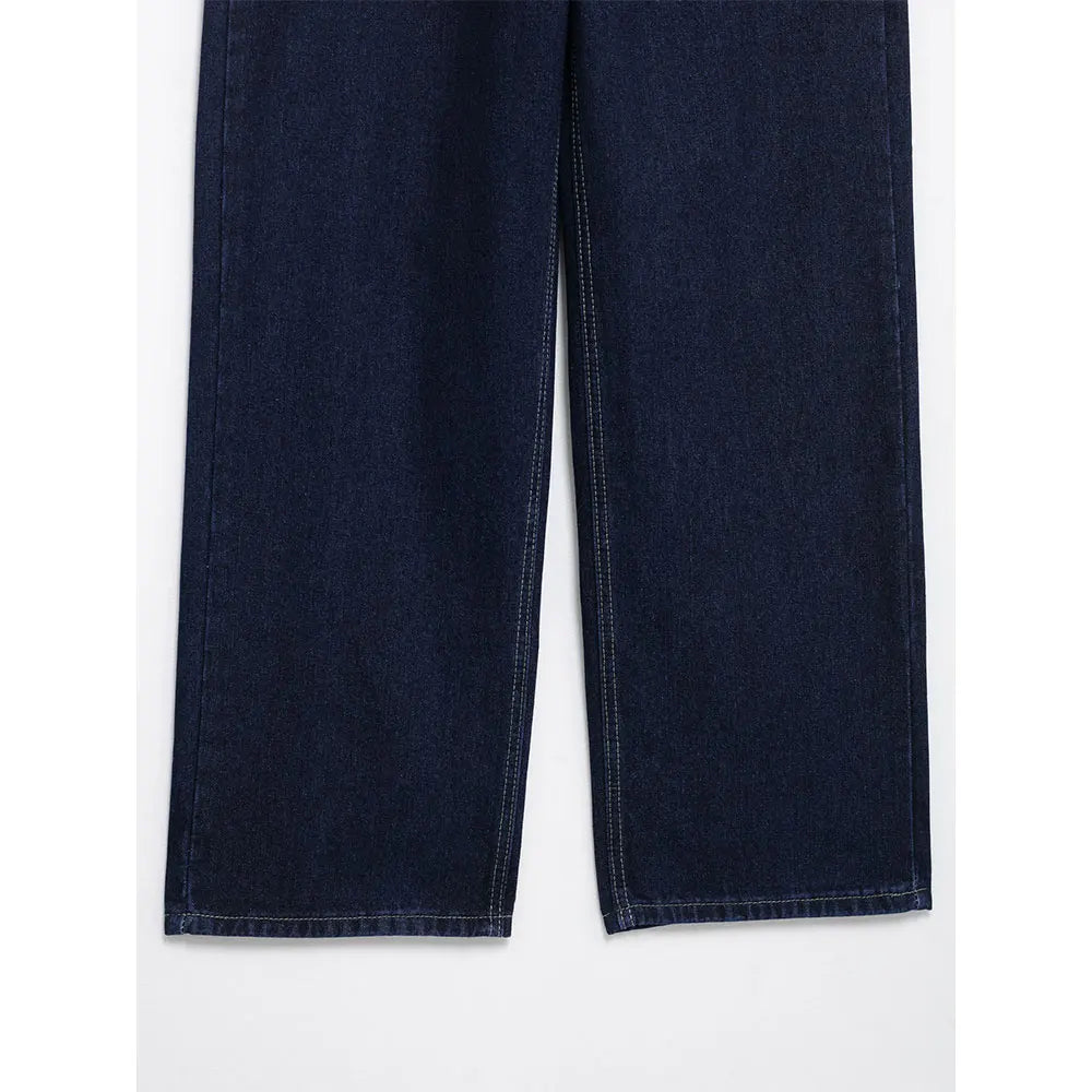 DUOPERI femmes mode Denim bleu marine pantalon droit Vintage jean taille haute pleine longueur femme Chic dame pantalon