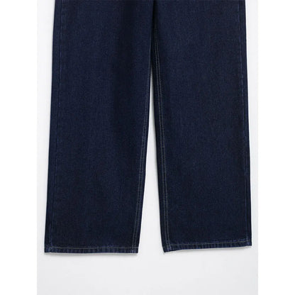 DUOPERI femmes mode Denim bleu marine pantalon droit Vintage jean taille haute pleine longueur femme Chic dame pantalon