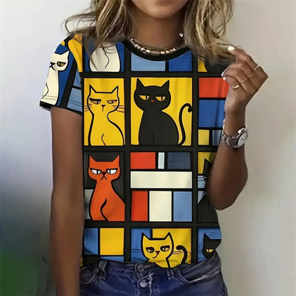Dessin animé chat motif t-shirt pour femmes Vintage géométrique 3D imprimé manches courtes été loisirs t-shirt col rond hauts T-Shirts