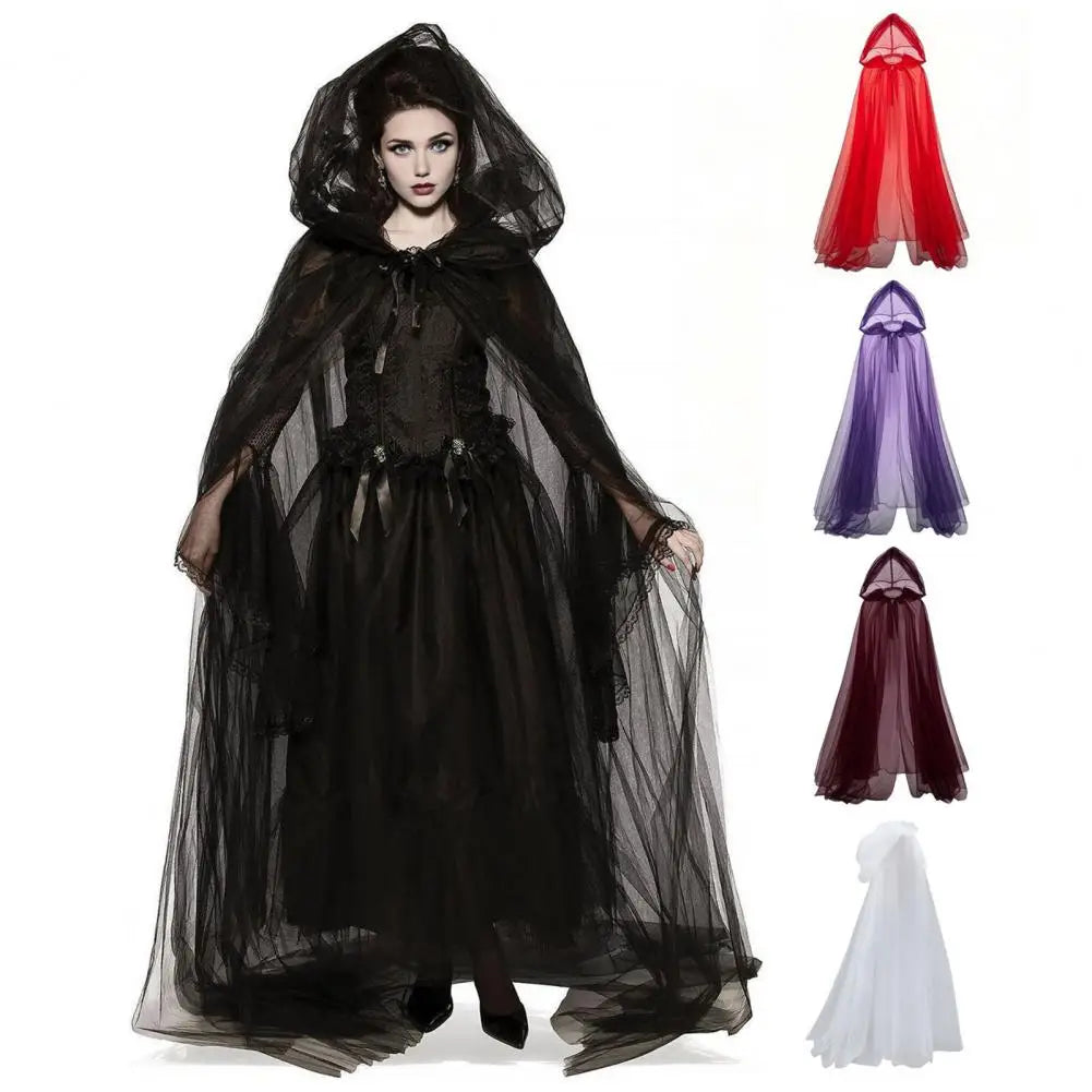 Cape de Costume de Cosplay fantôme d'halloween pour adulte, Cape de sorcière à lacets à capuche, Cape transparente pleine longueur avec capuche surdimensionnée
