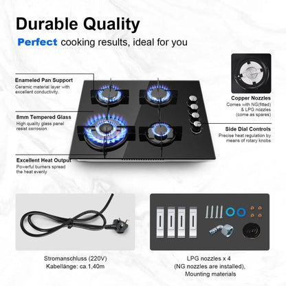 Topbathing-Plaque de cuisson à gaz 8000W, 4 brûleurs NG/GPL convertible, verre noir intégré avec Eva Wok, protection contre les pannes de flamme