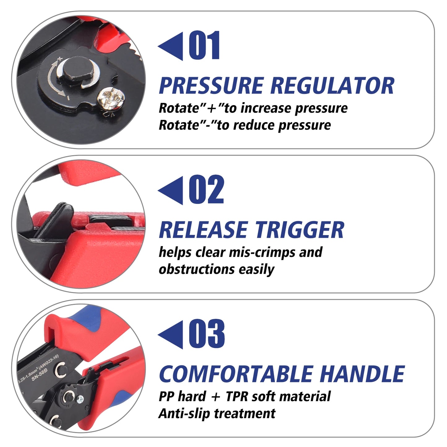 Outil de sertissage à baril ouvert Non isolé SN-58B 23-16 AWG /0,25-1,5 mm2, bornes Dupont Molex JST TE et broches EPC PCIE SATA