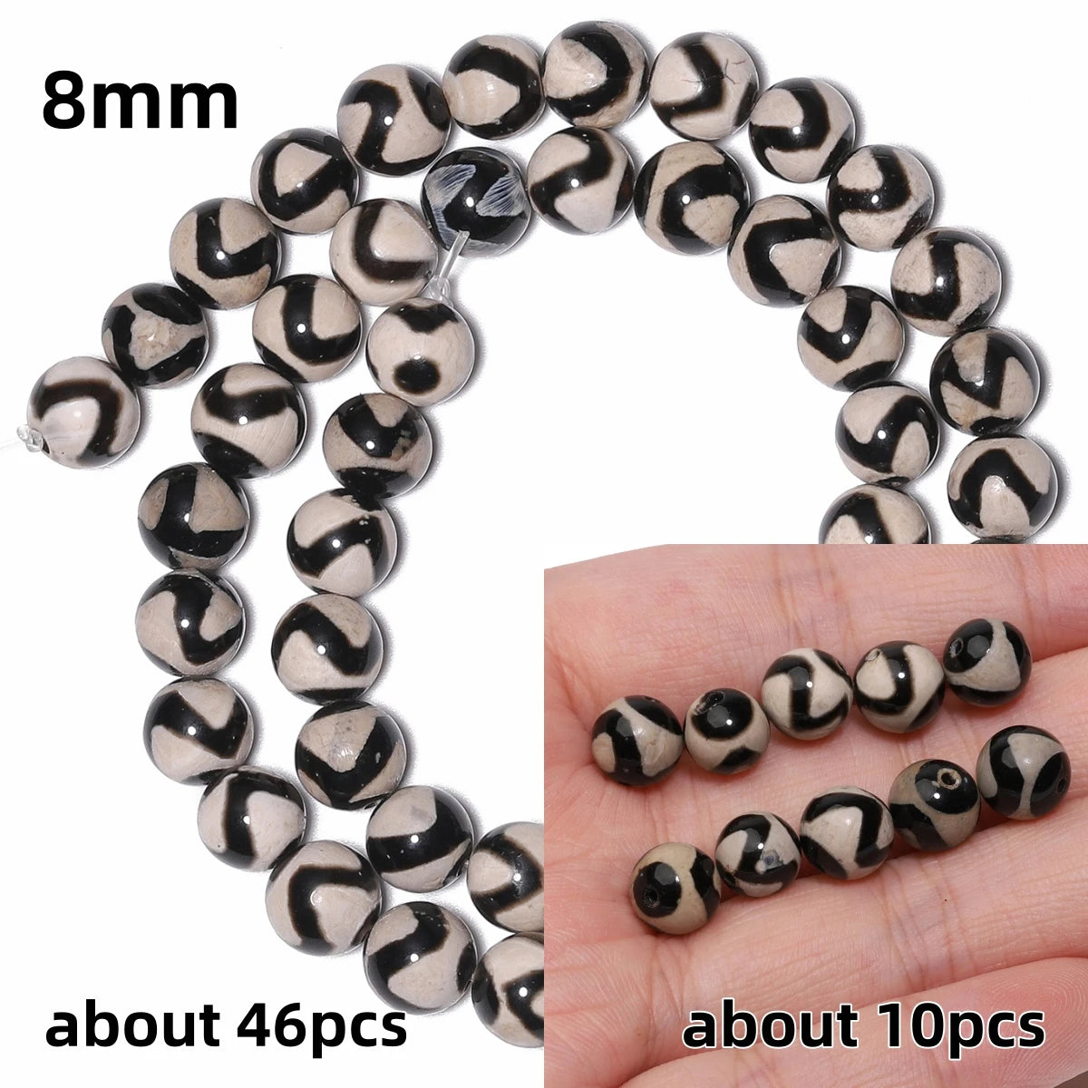 Perles rondes en agate Dzi naturelle, prière tibétaine, prairie mystique, perles pour bijoux, bricolage exécutif, accessoires de bracelet vintage, 6mm, 8mm, 10mm