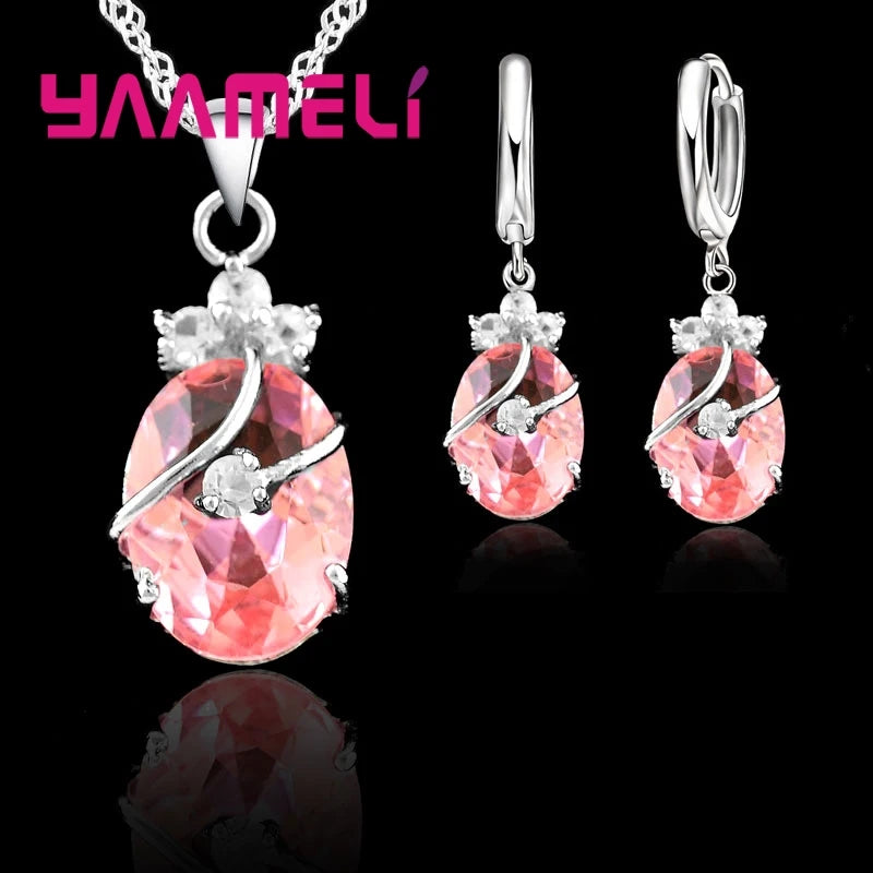 Ensembles de bijoux vintage pour femmes, argent regardé 925, pendentif en pierre de cristal, breloques, collier de mariage, boucles d'oreilles créoles, nouvelle mode