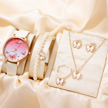 Montre à quartz avec cadran papillon rose pour femme, montre-bracelet en cuir pour femme, design de marque de luxe, mode féminine, ensemble de 6 pièces