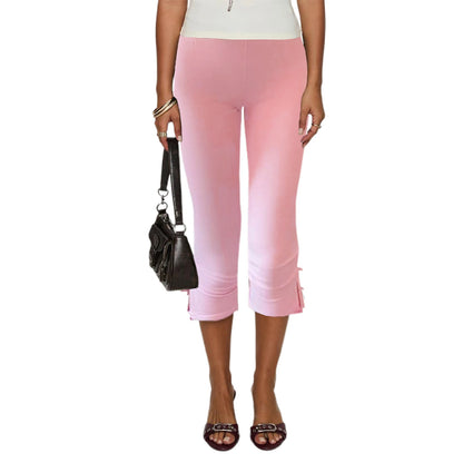 Pantalon Capri pour femmes, couleur unie, décor avec nœud, pantalon court décontracté, extensible, Leggings courts, été