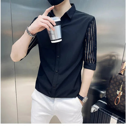Chemises minimalistes à manches mi-longues, col carré épissé, bouton amissié, mode solide, amincissant, décontracté, petit ami, été, nouveau, 2024
