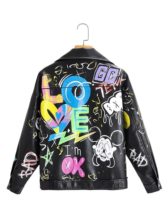 Manteau de marque en cuir PU pour femmes, veste de marque à la mode, imprimé Graffiti coloré, manteaux Punk doux, Slim Locomotive, veste courte, haut en cuir