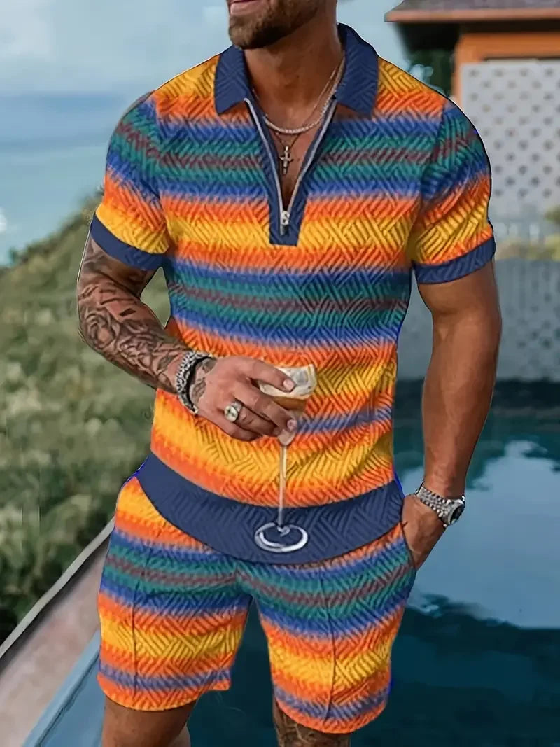 Polo et short College en 3D pour hommes, motif ethnique rétro, fermeture éclair, vêtements de rue décontractés, mode, nouveau, 2 pièces