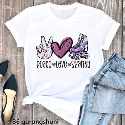 Aquarelle paix amour patinage graphique impression T-Shirt filles passionné de patinage à roulettes T-Shirt femmes drôle T-Shirt femme en gros