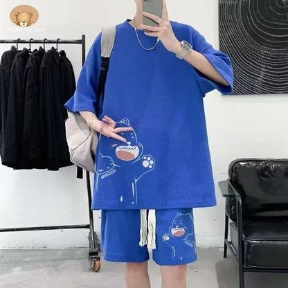 Survêtement d'été pour hommes, Streetwear de dessin animé japonais, Hip Hop Rock, décontracté, court imbibé cool, imprimé gaufré, ensemble 2 pièces, nouveau