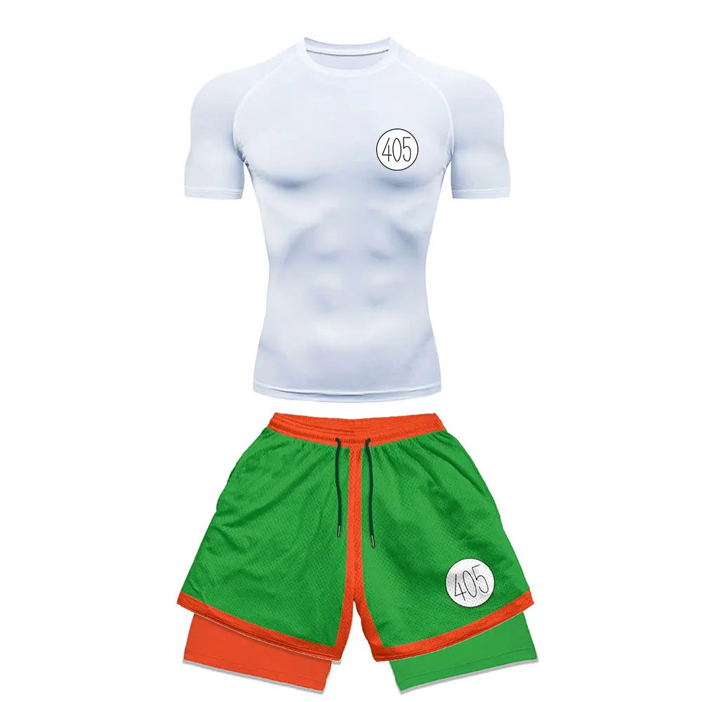 Chemise de Compression + short de gymnastique 2 pièces entraînement été Anime imprimé ensemble de Compression de gymnastique course Sport Fitness costume pour hommes vêtements de Sport